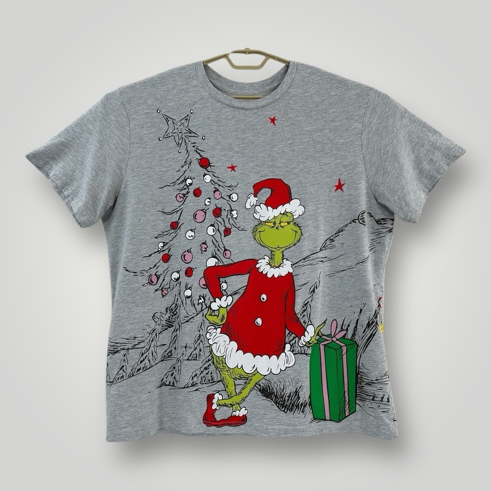 The Grinch Christmas T-Shirt Adult L Gray DOUBLE SIDED PRINT Short Sleeve Unisex